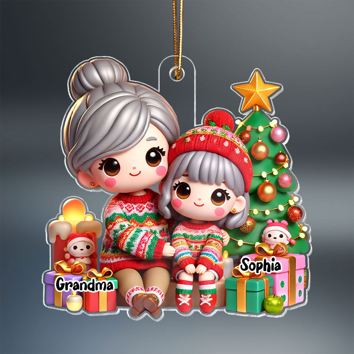 Cute Grandma Grandkid Christmas Tree And Gifts Personalized Acrylic Ornament