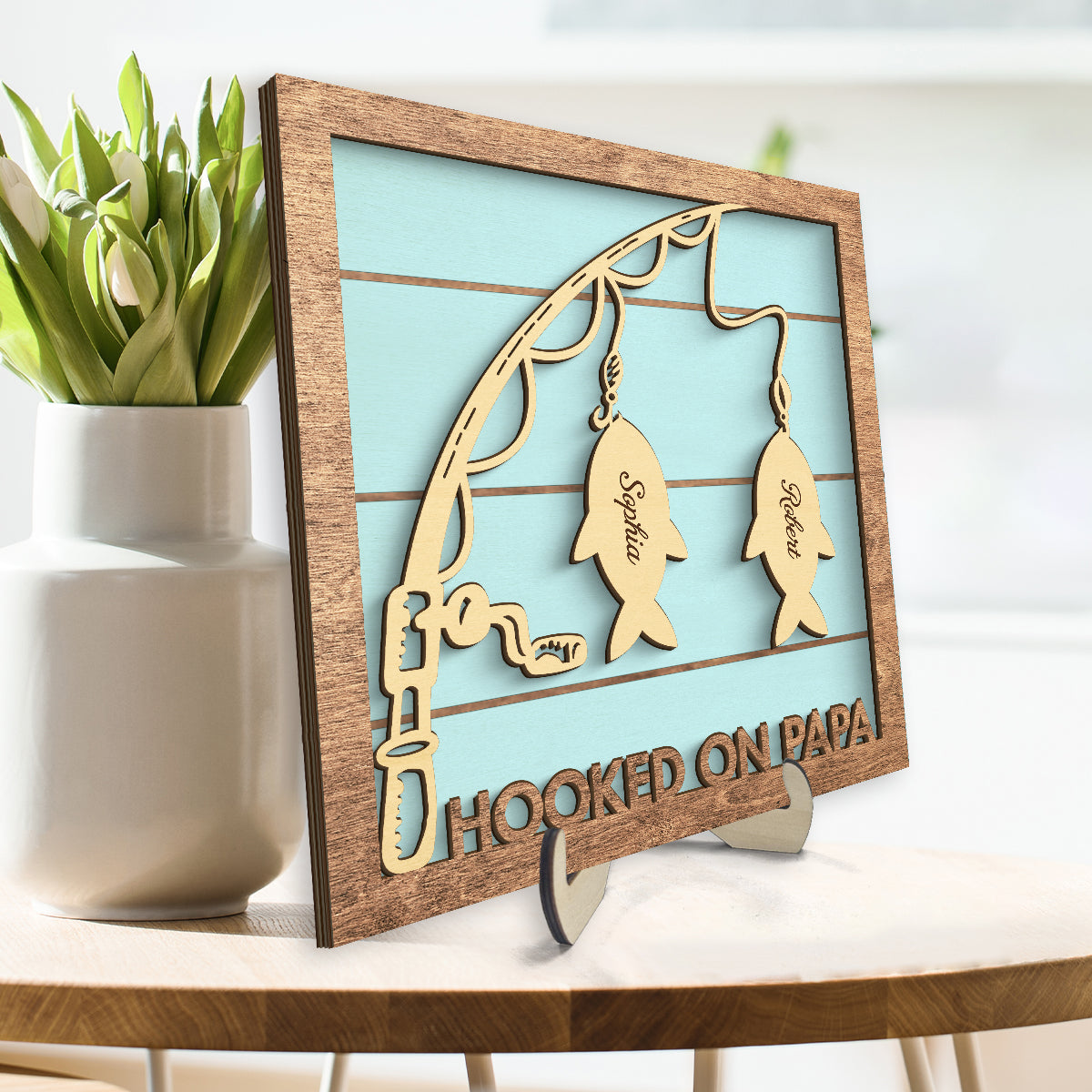 Hooked On Papa Fishing Grandpa Personalized 2-Layer Wooden Plaque