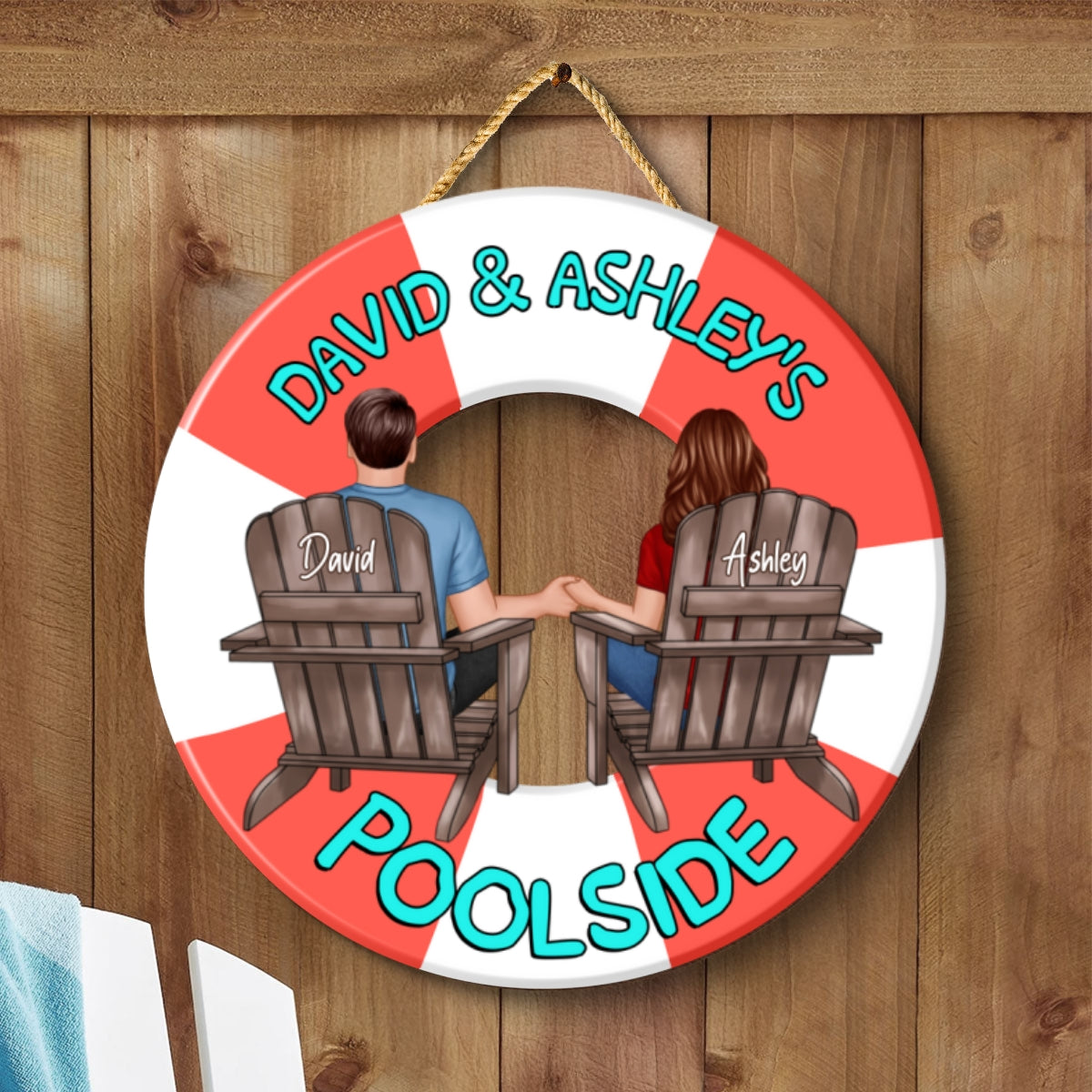 Couple Sitting Back View Poolside Swimming Float Personalized 2-Layer Wood Sign