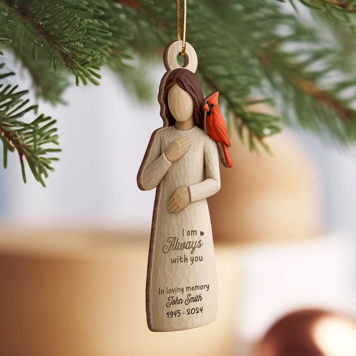 Always With You Cardinal & Woman 3D Effect Personalized Wooden Ornament, Memorial Sympathy Gift