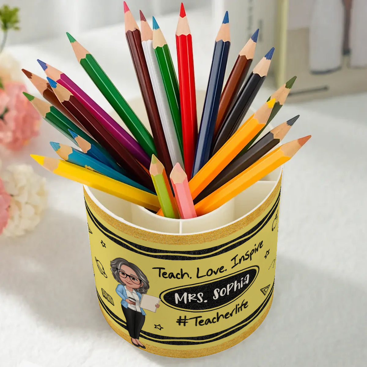 Teacher Crayon Pattern Personalized Rotating Pen Holder, Teacher Appreciation Gift, Back To School Gift