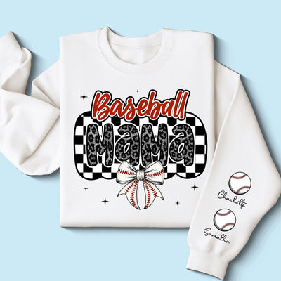 Retro Baseball Mom Coquette Bow Personalized Sleeve Printed Sweatshirt, Proud Baseball Mom Game Day Shirt, Gift For Baseball Mom