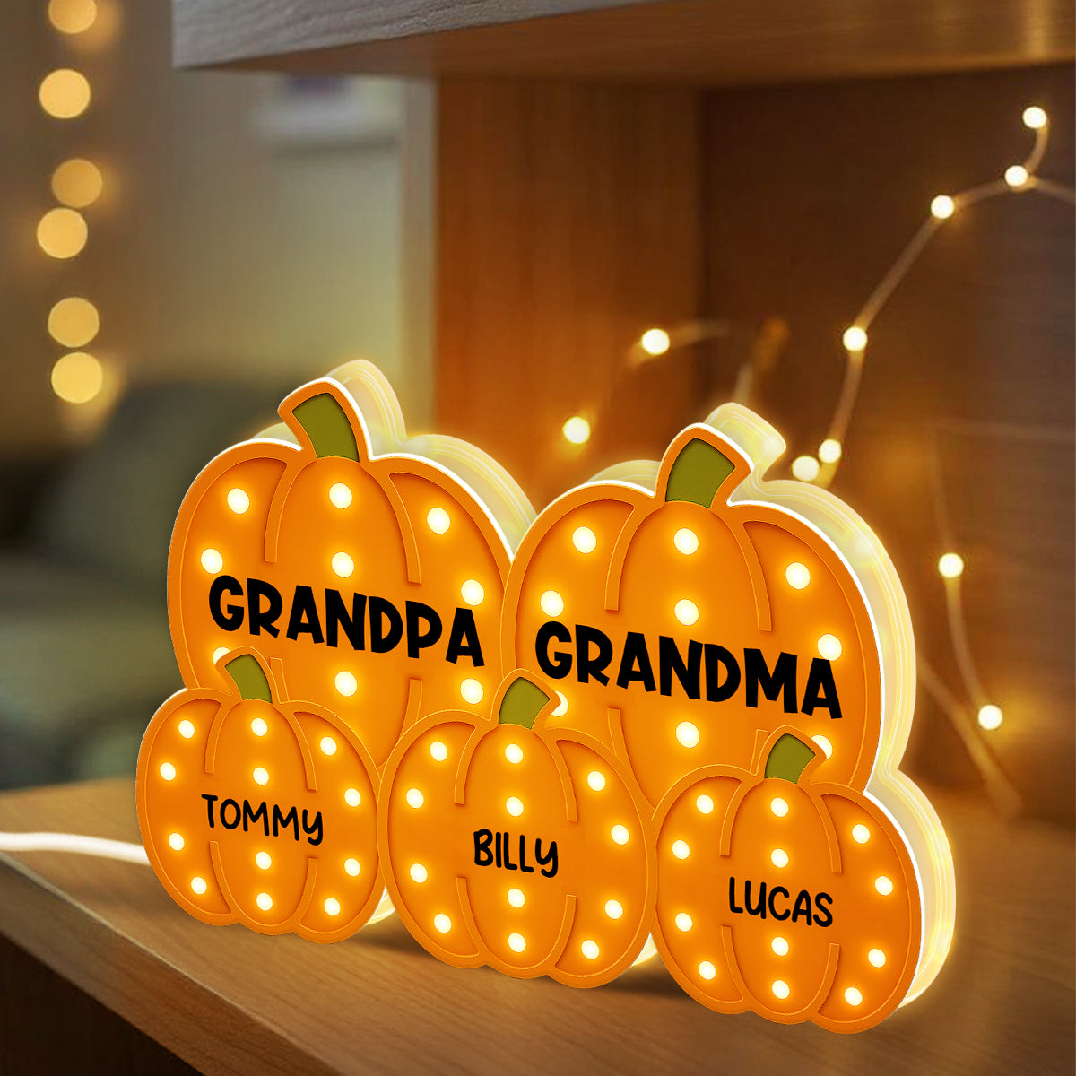 3D Effect Grandma Grandpa Grandkids Pumpkin Patch Marquee Pattern - Personalized Light Box - Cozy Fall Home Decor