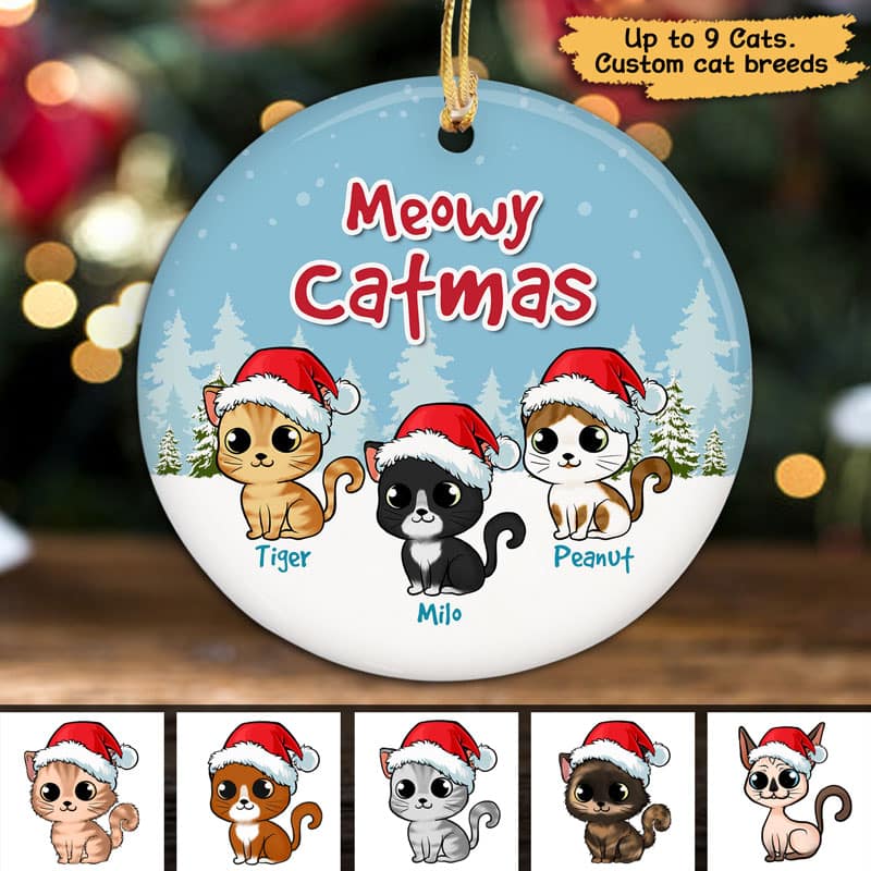 Meowy Catmas Snow Cute Fluffy Cat Personalized Circle Ornament