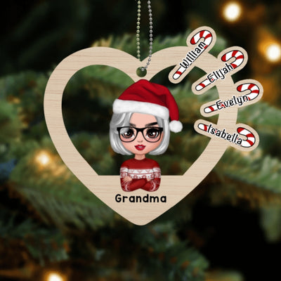 Grandma Heart Candy Canes Personalized Wooden Ornament