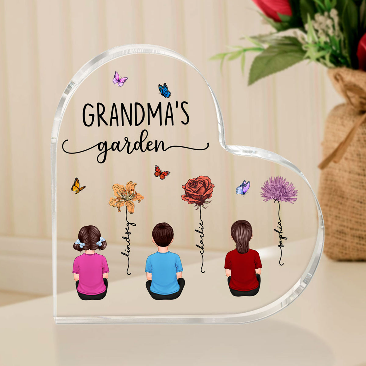 Grandkids Sitting Grandma Garden Vintage Birth Month Flowers Mother‘s Day Gift Personalized Heart Acrylic Block