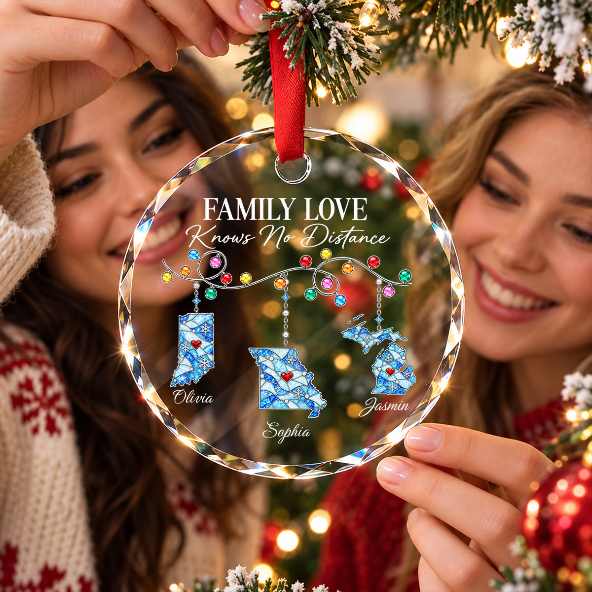 Family Love Knows No Distance - Personalized Glass Ornament - Togetherness Christmas Gift for Sisters, Children