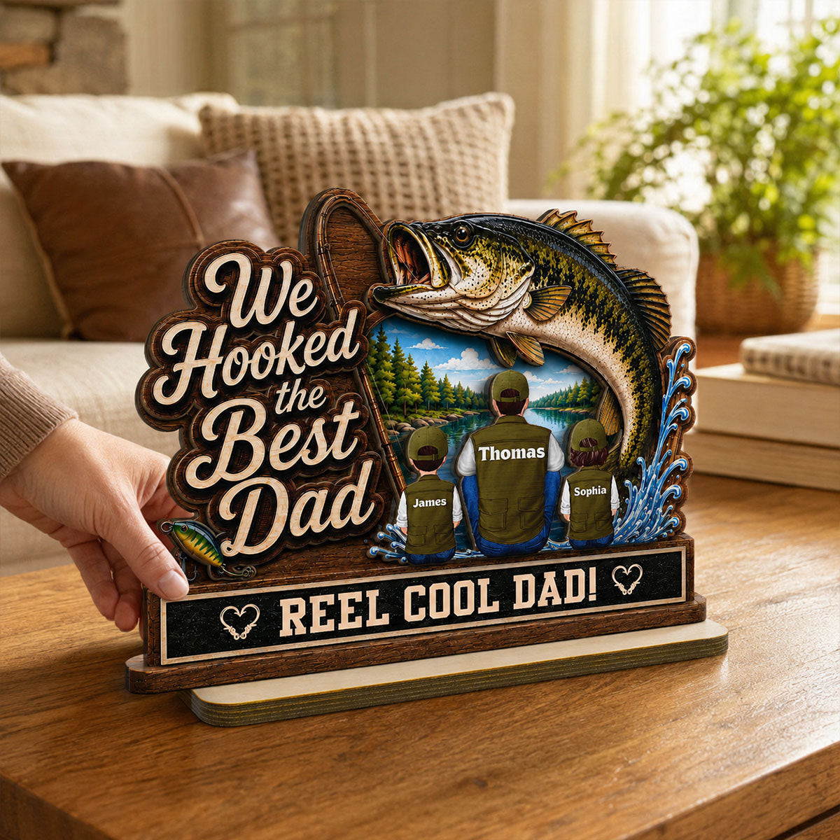 We Hooked The Best Dad Grandpa Back View 2D Flat - Personalized 2-Layered Wooden Plaque - Father's Day Gift For Fishing Lovers