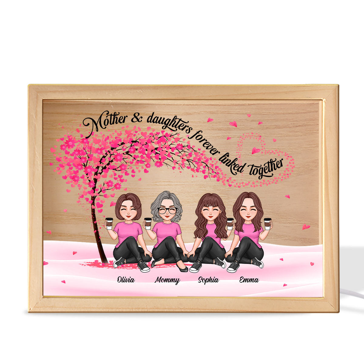 Mom And Daughters Under Pink Tree Personalized Wooden Frame Light Box