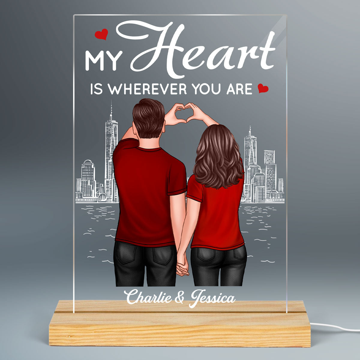 Couple Back View Heart Hands Outline Background Personalized Plaque LED Night Light