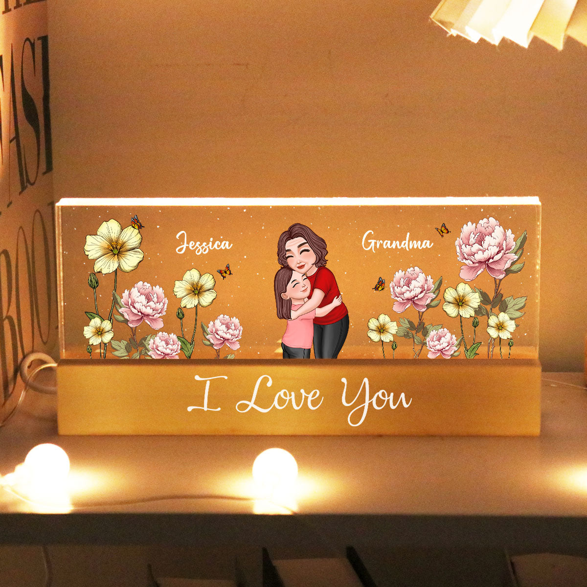 Grandma Hugging Grandkid Birth Month Flower Personalized Acrylic Block LED Night Light, Heartfelt Gift For Grandma, Grandkids