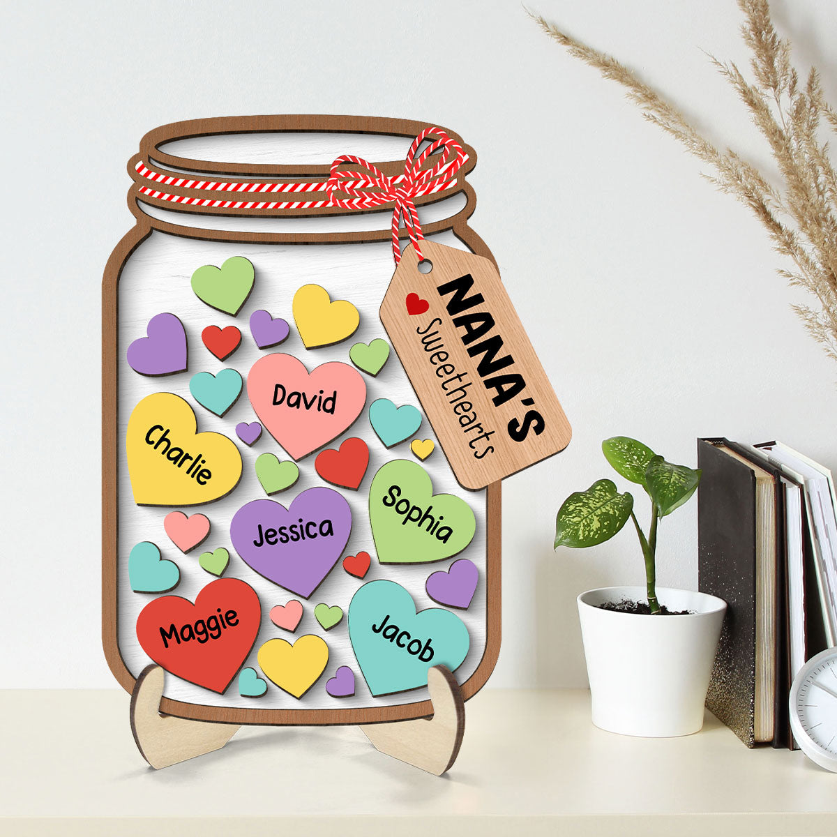 Grandma Mom Colorful Sweethearts Mason Jar Personalized 2-layer Wooden Plaque