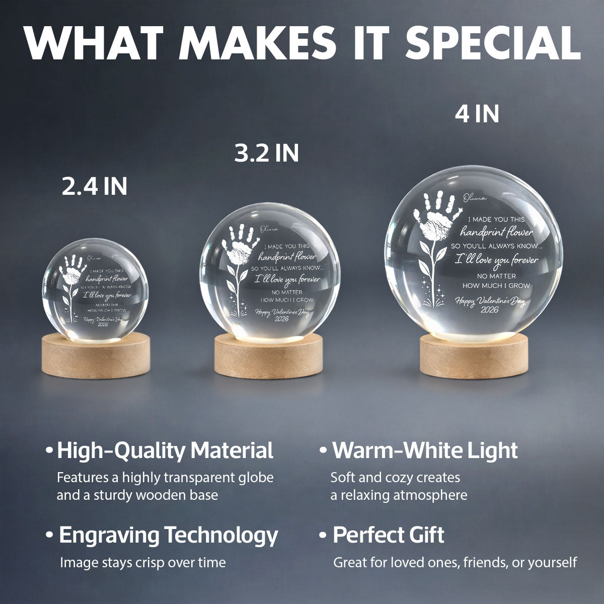 Valentine Day Handprint Art Craft - Personalized Crystal Ball LED Night Light - Anniversary, Valentine's Day Gift, Gift For Him, Gift For Her