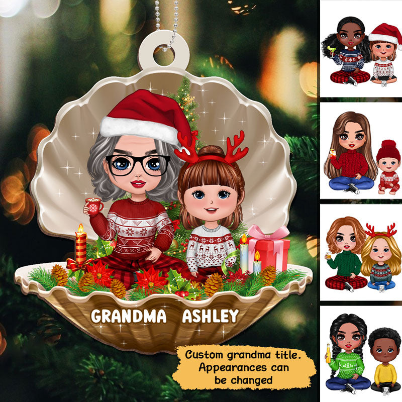 Grandma Grandkids In Pearl Shell Personalized Christmas Wooden Ornament