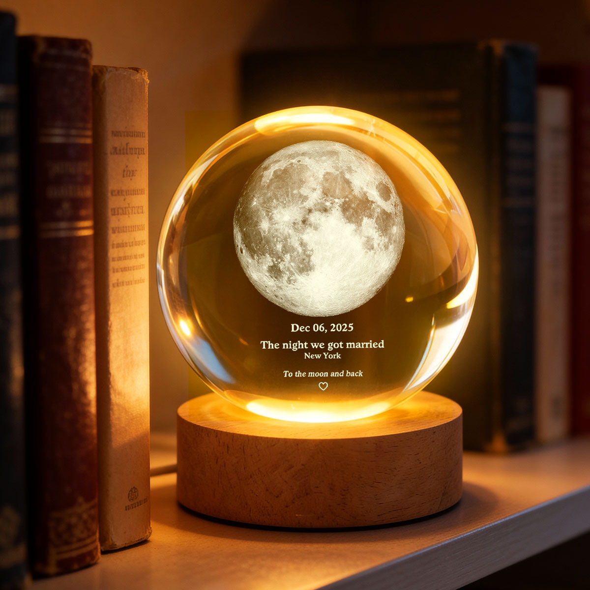 Couple Love to the Moon and Back Moon Phase by Date - Personalized Crystal Ball LED Night Light - Sentimental Valentine's Day Gift for Her, for Him