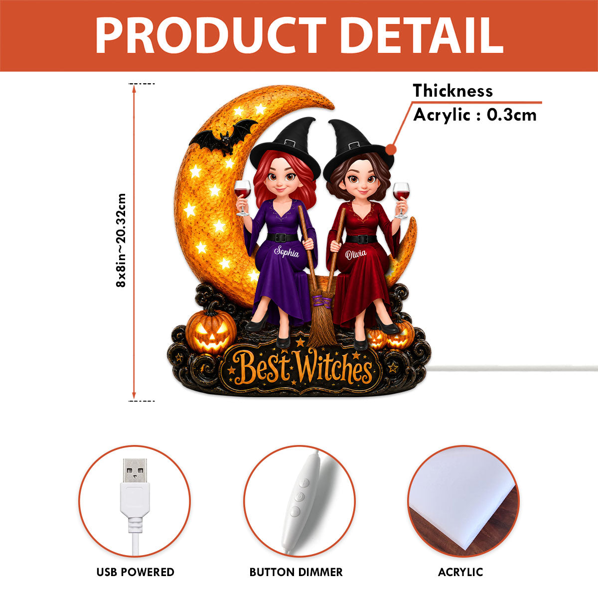Witch Besties Sitting On Moon 2D Flat - Personalized Light Box - Halloween Gift Decoration