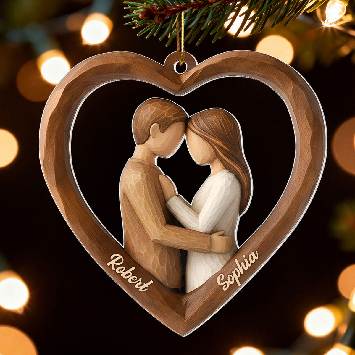 Couple Heart Love 3D Wooden Effect - Personalized Acrylic Ornament - Christmas Gift for Couples