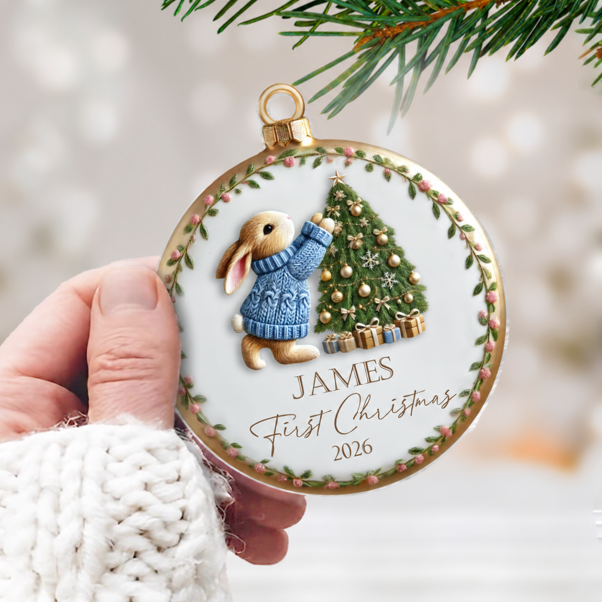Baby's First Christmas Cute Pink Blue Bunny Rabbit For Baby Boy Girl Personalized Acrylic Ornament, New Parents Keepsake, Gift For Newborn
