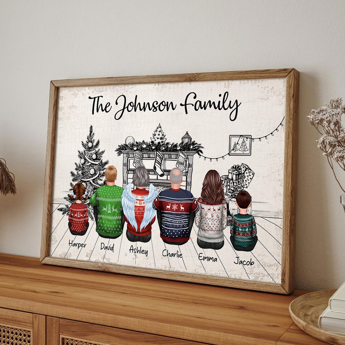 Sketch Background Christmas Family Back View Sitting Together At Fireplace Personalized Poster