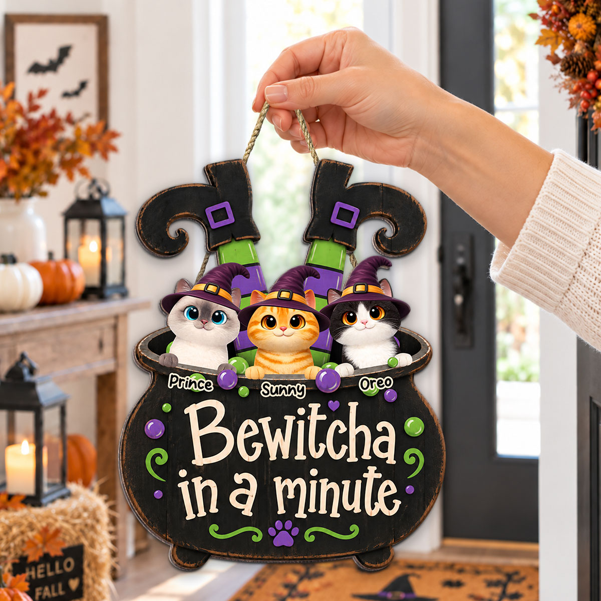 Halloween Witch Cauldron Cute Cats Bewitcha In A Minute - Personalized Wood Sign - Halloween Decor For Cat Lovers