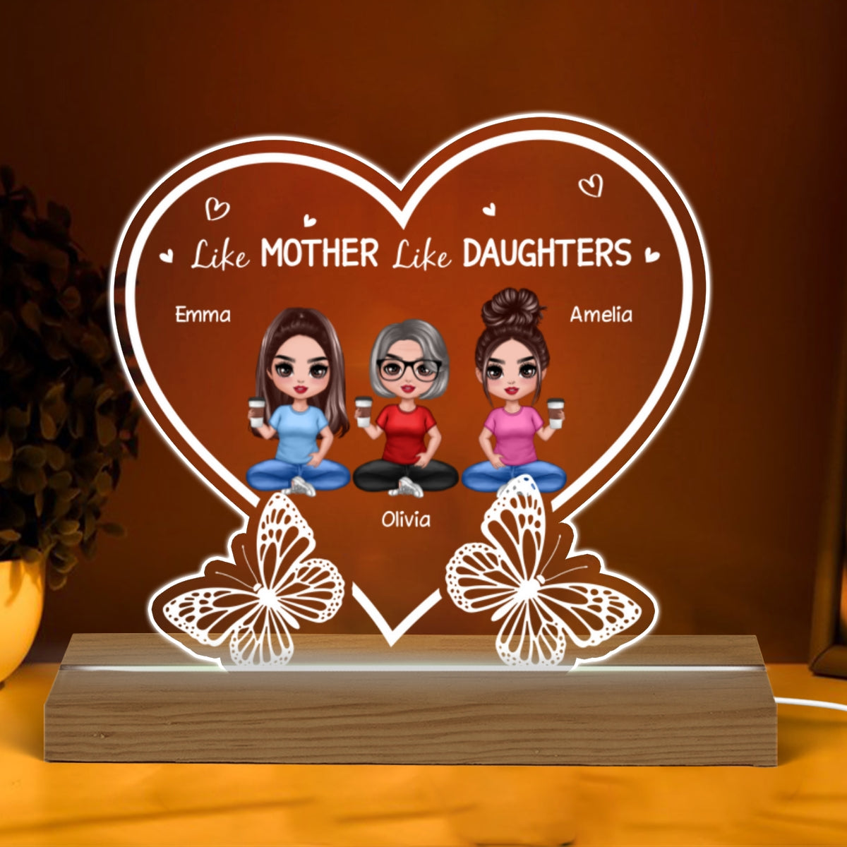 Mother Daughters Sitting Doll With Butterflies Personalized Custom Shape Acrylic LED Night Light