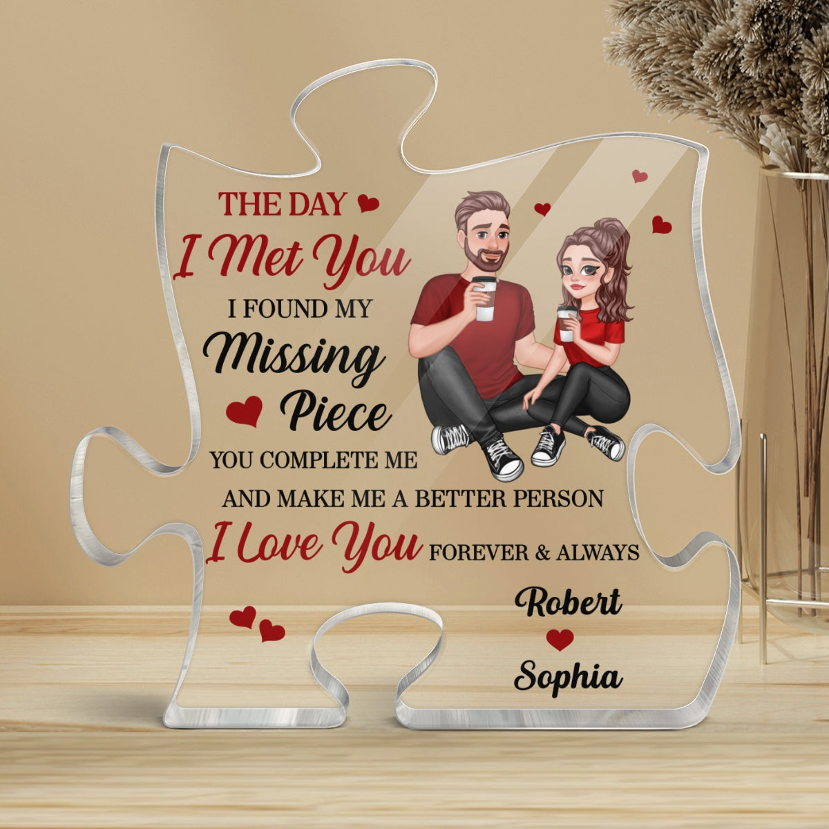 Cartoon Couple Sitting Found My Missing Piece Anniversary Gift For Him For Her Personalized Puzzle Acrylic Plaque