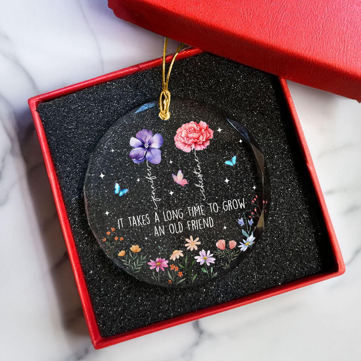 It Takes A Long Time To Grow An Old Friend, Birth Month Flower Personalized Glass Ornament, Christmas Gift for Best Friends