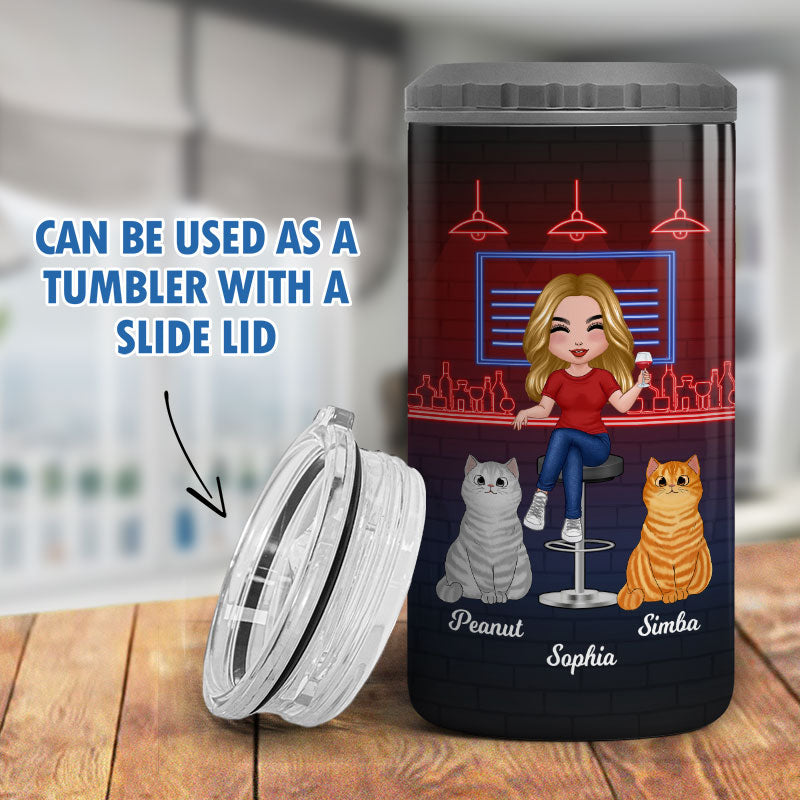Cat Mom Cannot Survive On Wine Alone Neon Light Multi-Use Tumbler - Personalized 4 In 1 Can Cooler - Gift For Cat Mom & Wine Lover