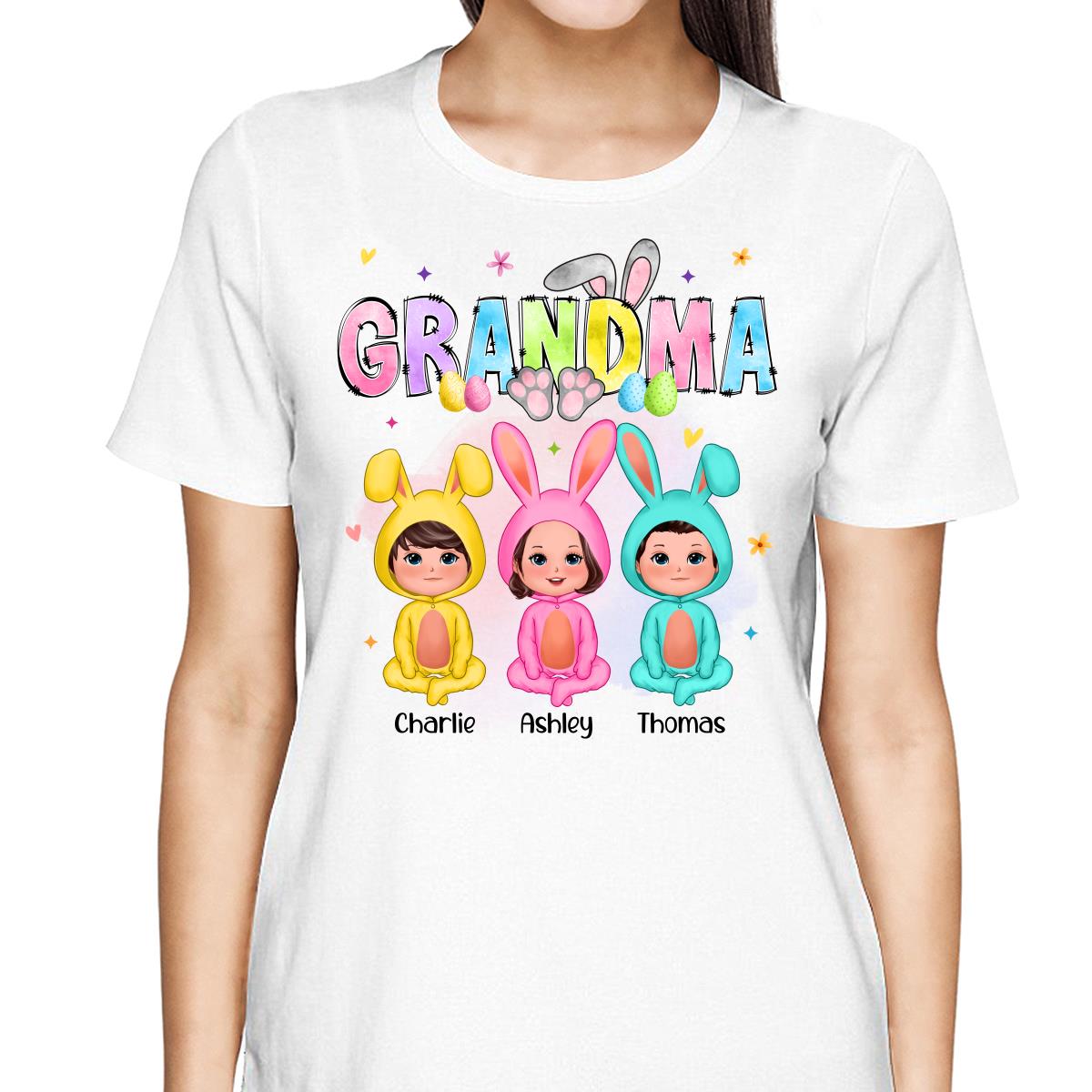 Grandma Bunny With Doll Grandkids Easter Personalized Shirt