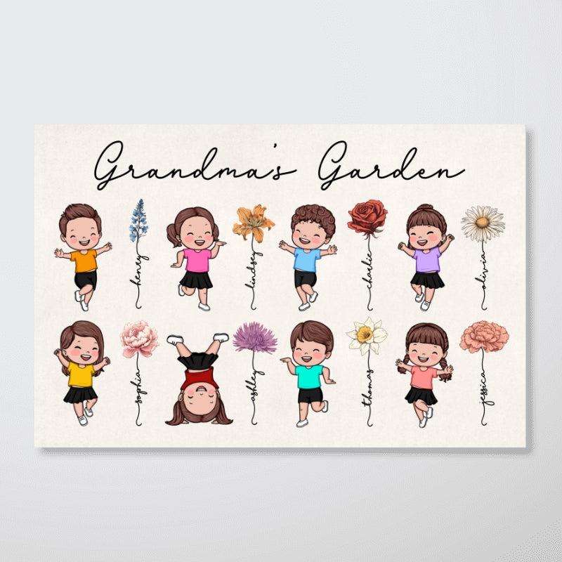 Grandma's Garden Cute Jumping Grandkids Personalized Poster