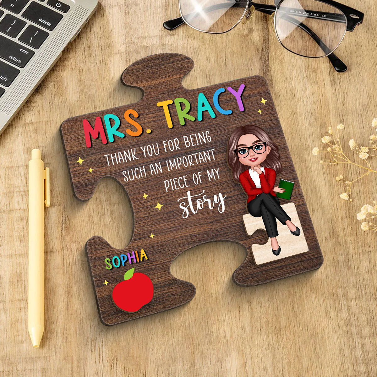Teacher Thank You For Being Important Piece Of My Story Personalized 2-Layer Wooden Plaque