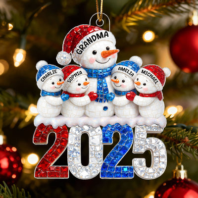 3D Rhinestone Effect Snowman Grandma Grandkids - Personalized Acrylic Ornament - Christmas Gift for Grandmas
