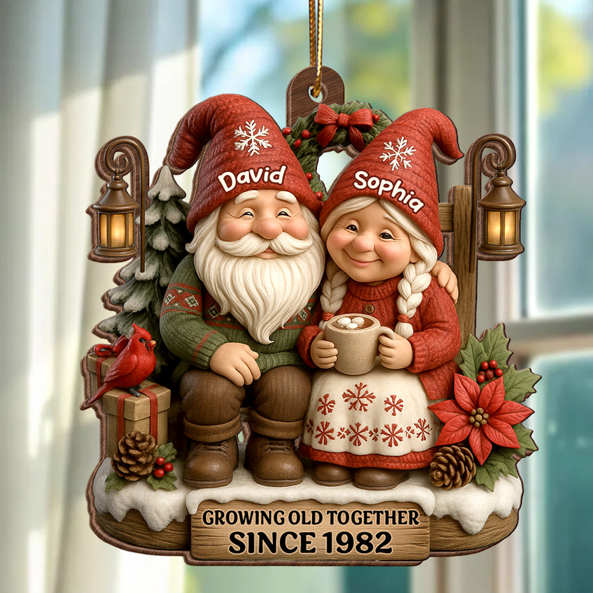 Old Gnomes Couple Sharing Holiday Cheer Together - Personalized Wooden Ornament - Thoughtful & Heartfelt Christmas Gift for him, Gift for her
