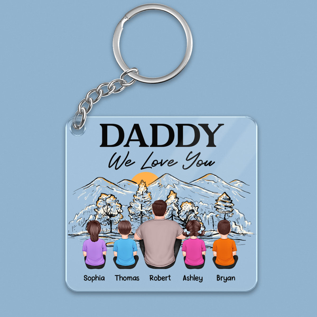 Best Dad Ever Back View Man Kids Dog Cat Mountain Sketch Personalized Acrylic Keychain