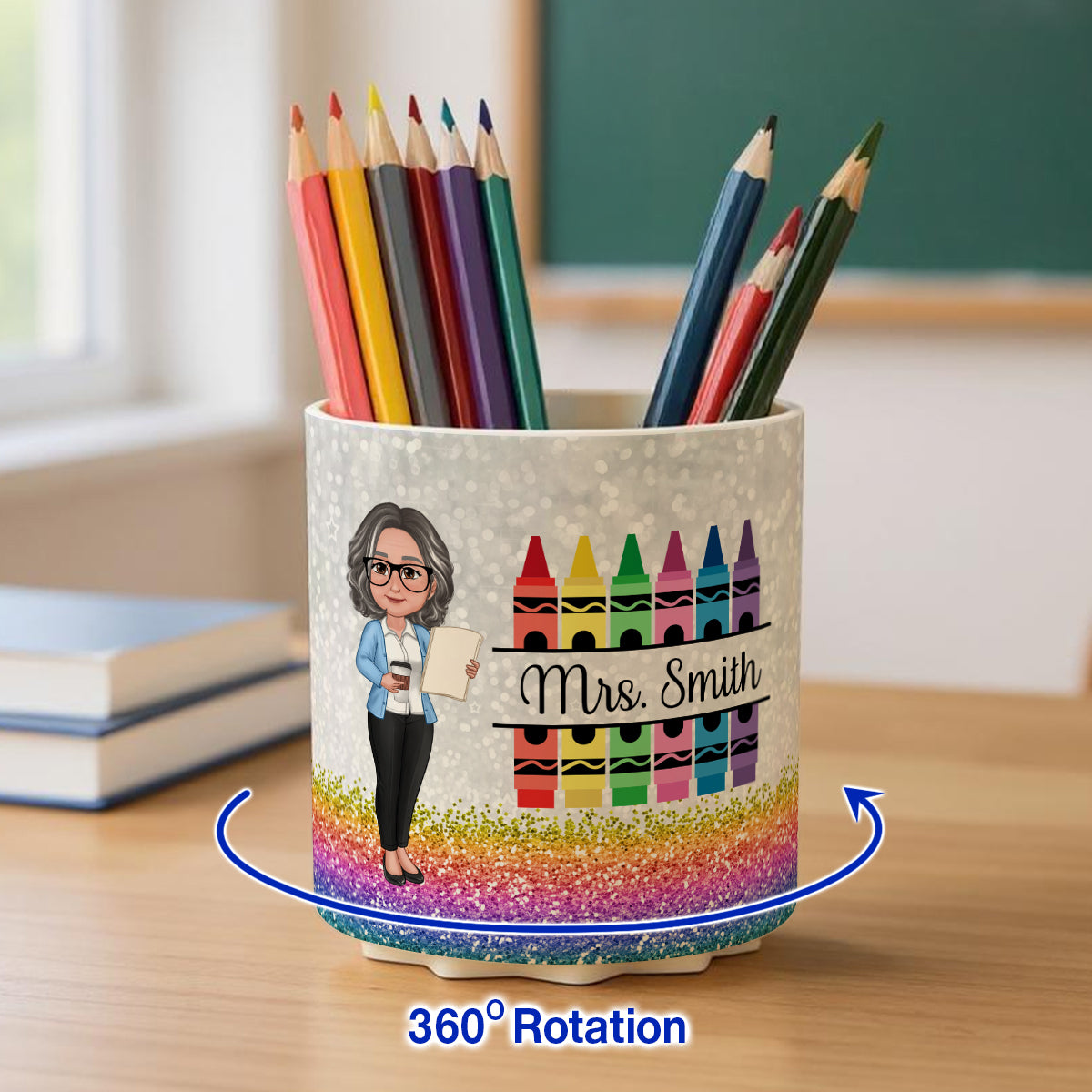 Teacher Crayon Glitter Texture Personalized Rotating Pen Holder, Teacher Appreciation Gift, Back To School Gift
