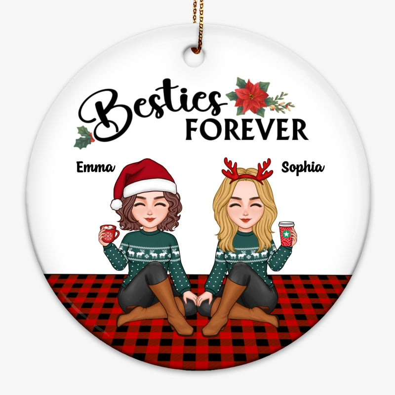 Cute Besties Sitting On Checkered Carpet Christmas Personalized Circle Ornament