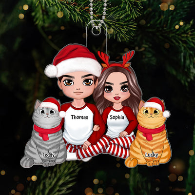 Doll Couple Sitting With Cat Christmas Personalized Acrylic Ornament