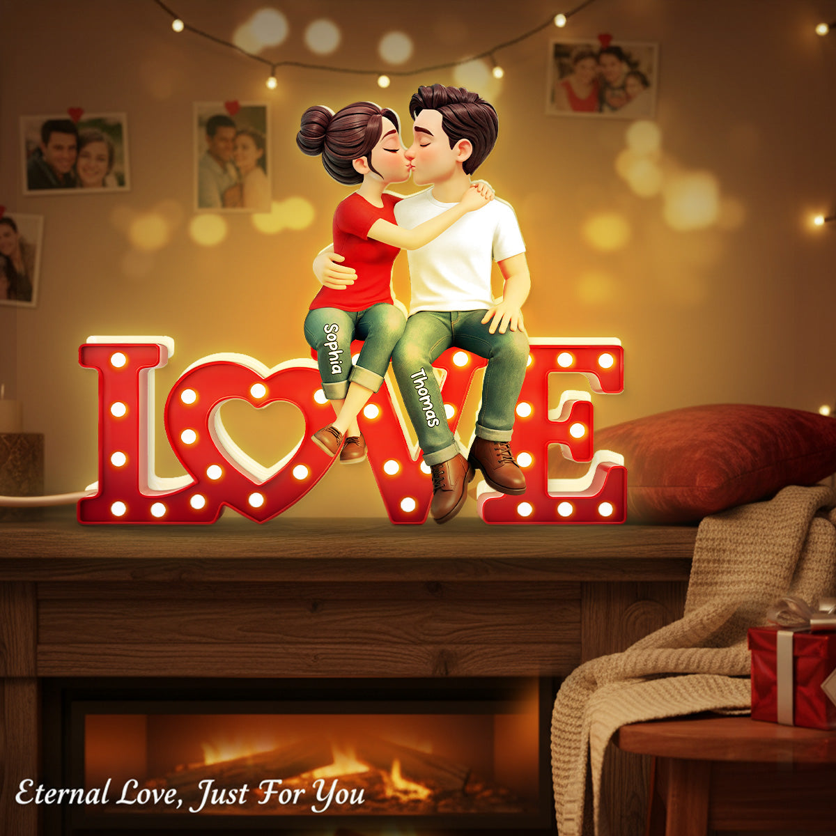 Forever LOVE Couple Sitting Kissing - Personalized Light Box - Valentine's Day Gift For Couple, For Him, For Her