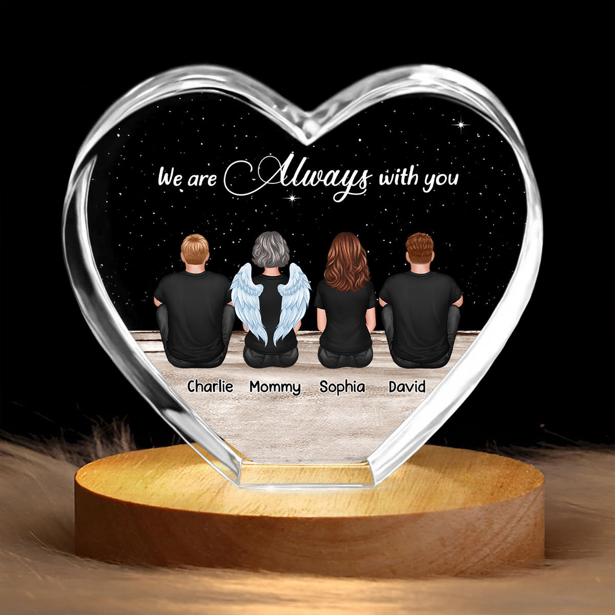 Always With You Sky Family Members, Memorial Personalized Premium Crystal Heart LED, Sympathy Gift, Free Delivery Included