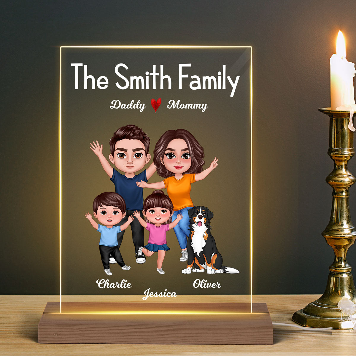 Happy Family Pretty Doll Couple Dad Mom Kids Dogs Cats Personalized Rectangle Acrylic Plaque LED Lamp Night Light