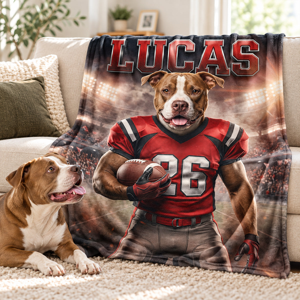 Custom Football Dog Cat Portrait from Photo - Personalized Fleece Blanket - Christmas Gift for Pet Lovers
