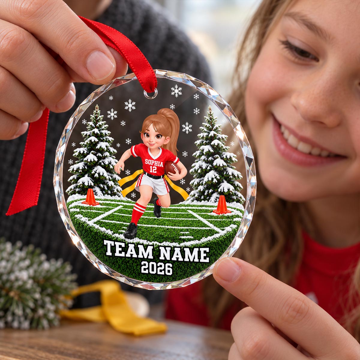 Flag Football Player 2D Flat - Personalized Glass Ornament - Custom Boy & Girl, Team Name Keepsake, Gift for Young Athletes