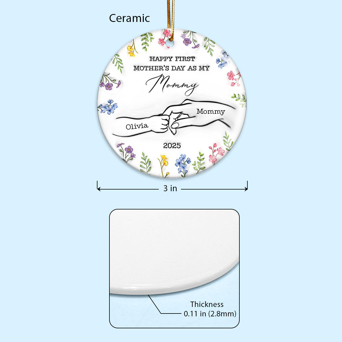 3D Inflated Effect Happy First Mother's Day Hand Outline Personalized Circle Ceramic Ornament