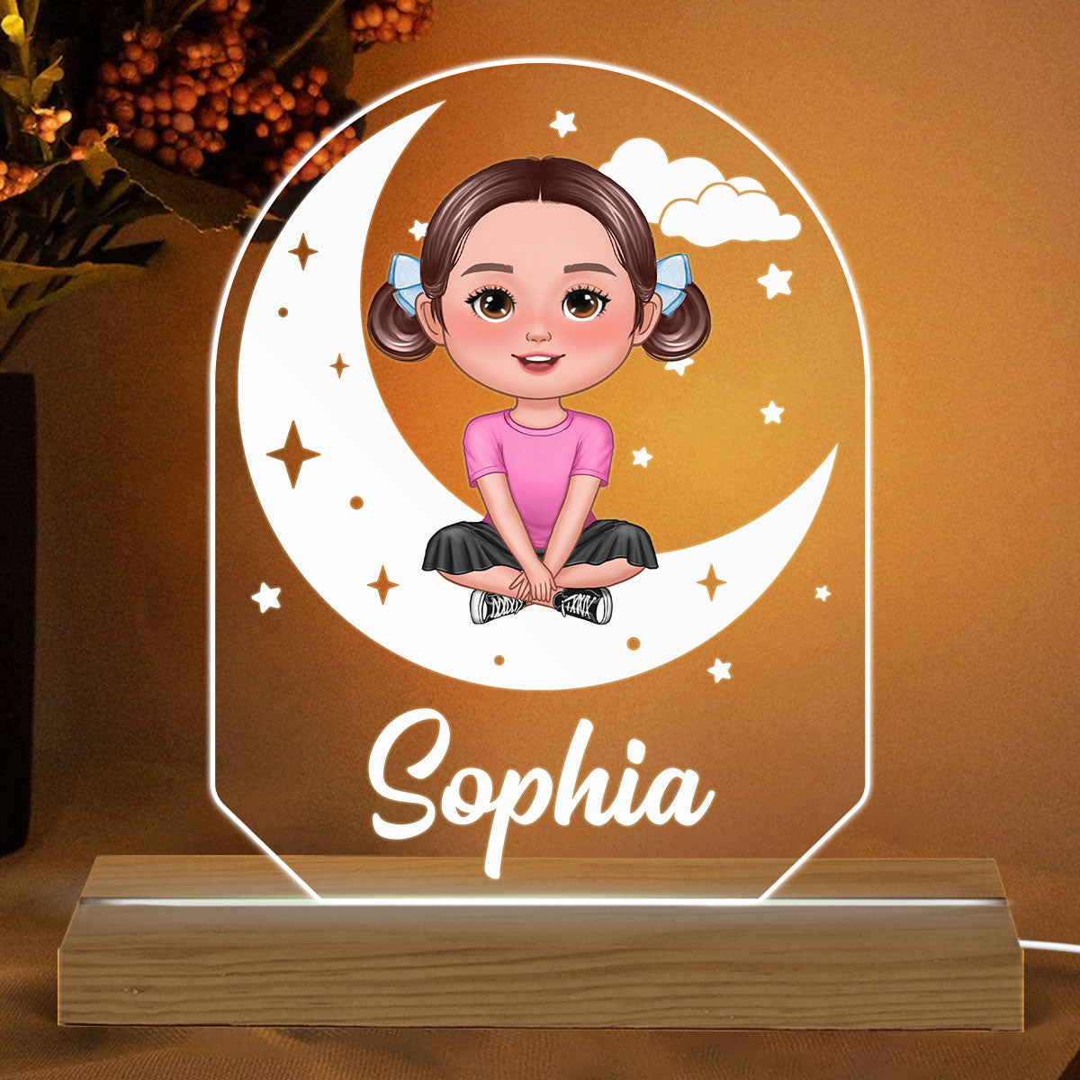 Cute Kid Sitting Crossed Legs On Moon Stars Gift For Kid Personalized Custom Shaped Acrylic Plaque With LED Night Light