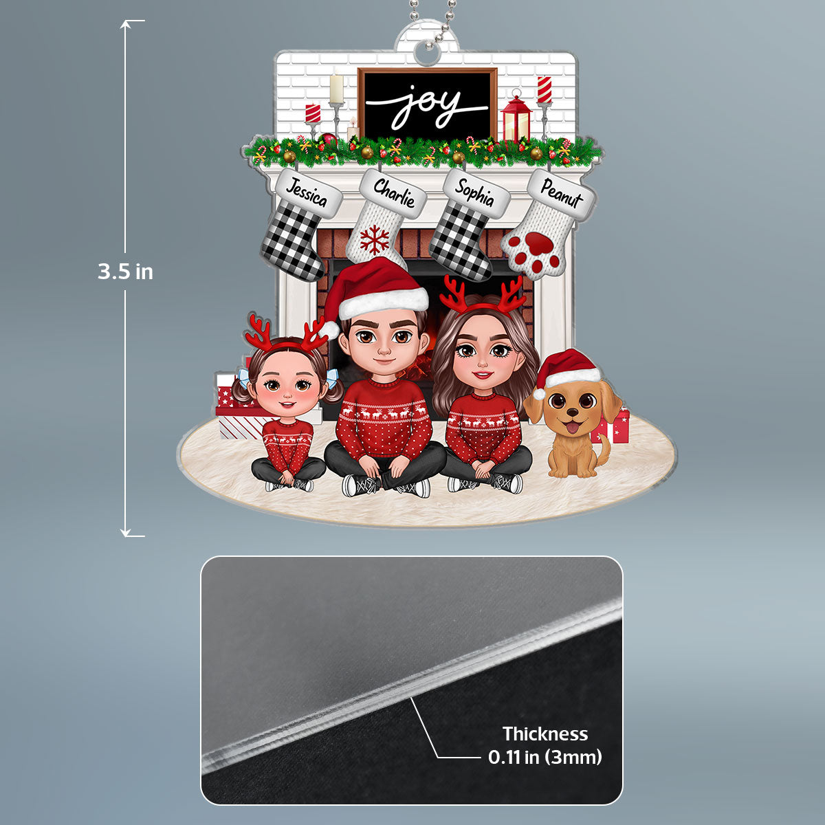 Family Dad Mom Kids Dogs Cats Crossed Legs Sitting At Christmas Fireplace Personalized Acrylic Ornament