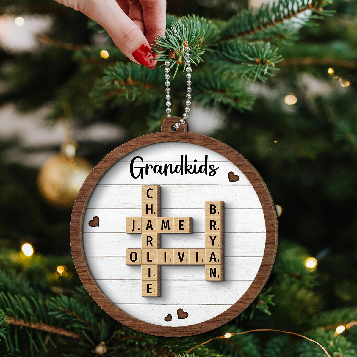 Grandkids Crossword Puzzle Art - Personalized 2-Layered Wooden Ornament - Christmas Gift For Mom, Gift For Grandma