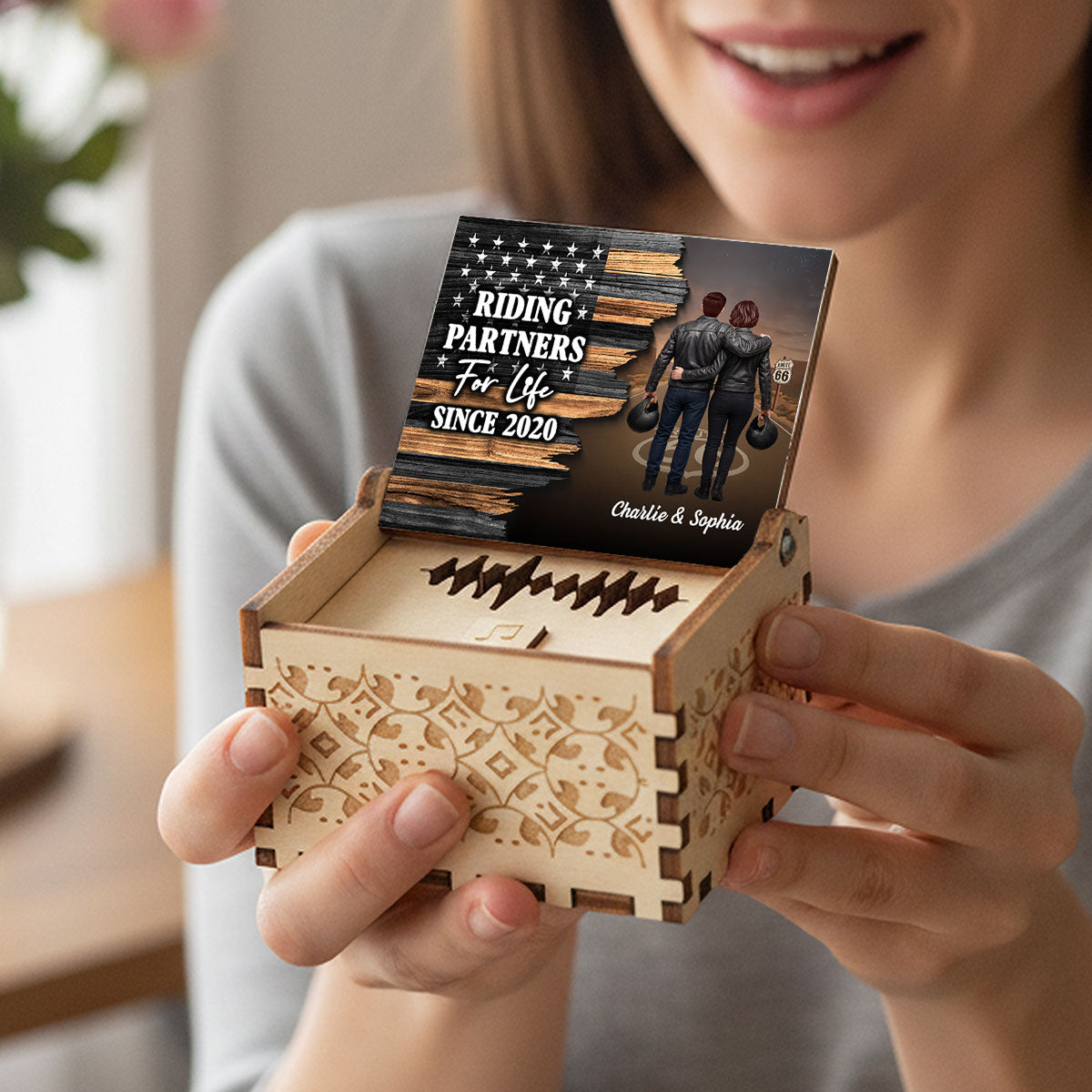 Eternal Love Back View Biker Couple Riding Partners For Life Half Nation Flag - Personalized Wooden Music Box - Gift For Couple, Bikers, Gift For Him, For Her