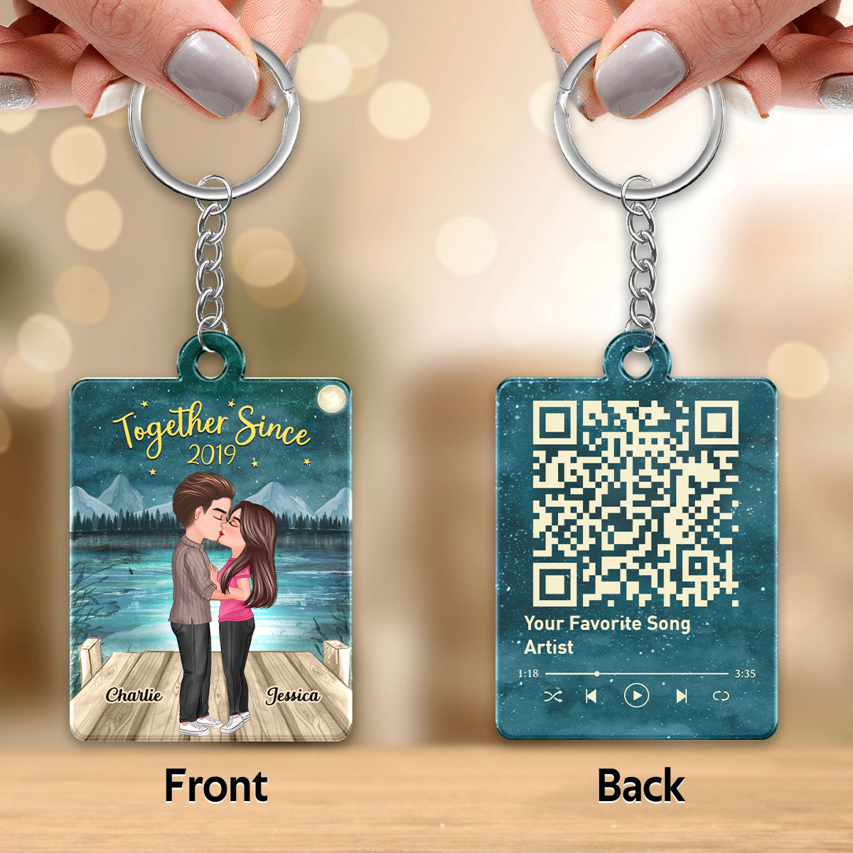 Doll Couple Kissing In Green Moon Night Favorite Song Scannable QR Code Personalized Acrylic Keychain