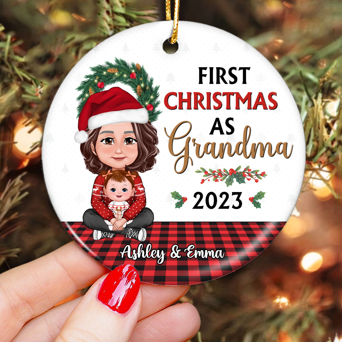 My First Christmas As Grandma Crossed Legs Grandma Grandkid Personalized Circle Ornament