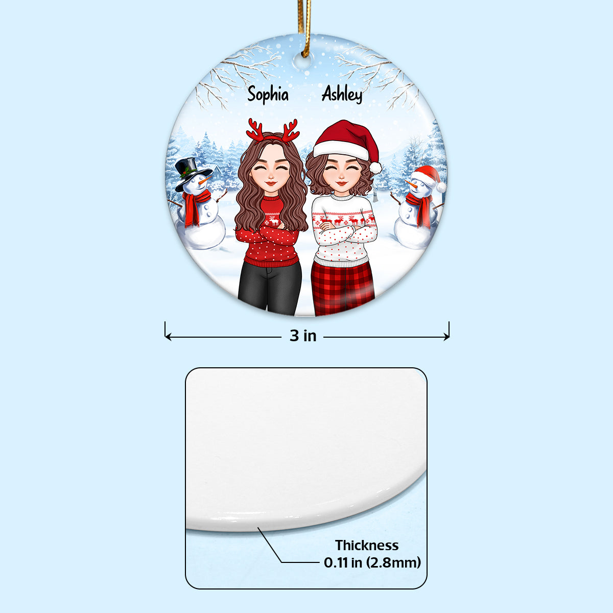 Christmas Besties Crossed Arms Sitting In Snow Personalized Double Sided Circle Ornament